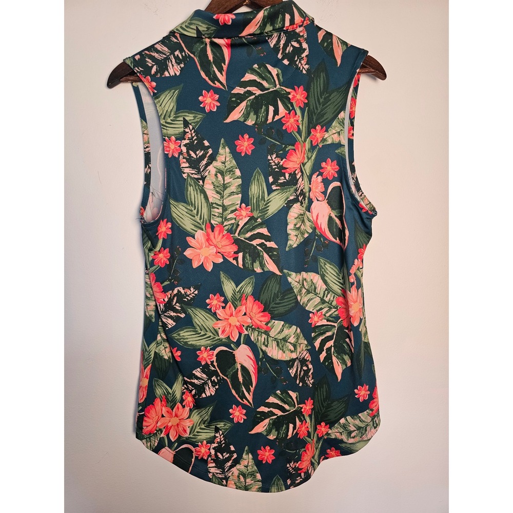 Tropical Bad Birdie Sleeveless Golf Polo Women XL Teal Floral Botanical Stretch - Picture 2 of 7